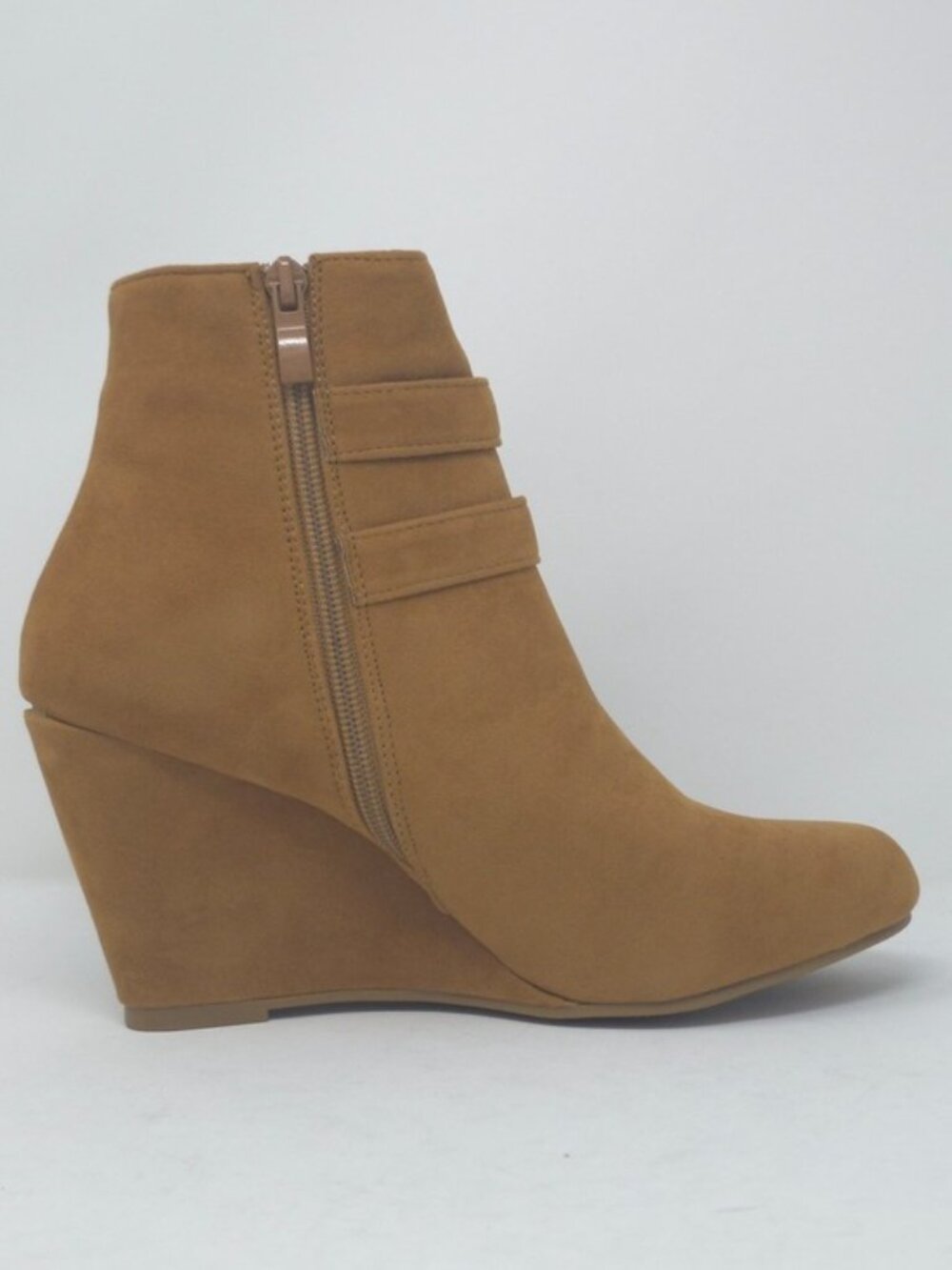 Tan Faux Suede Wedge Ankle Boots Buckle Strap Side Zip Casual Trendy - Picture 4 of 12